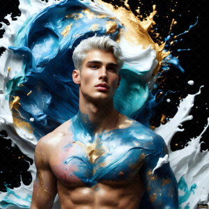 AI-generated abstract art of handsome men controlling swirling vortexes of colorful fluid and water in motion. Dynamic, surreal, vivid digital male art by Jeff Dupler.