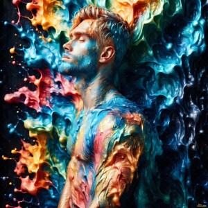 AI-generated abstract art of handsome men controlling swirling vortexes of colorful fluid and water in motion. Dynamic, surreal, vivid digital male art by Jeff Dupler.