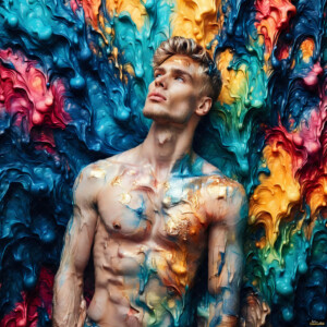 AI-generated abstract art of handsome men controlling swirling vortexes of colorful fluid and water in motion. Dynamic, surreal, vivid digital male art by Jeff Dupler.