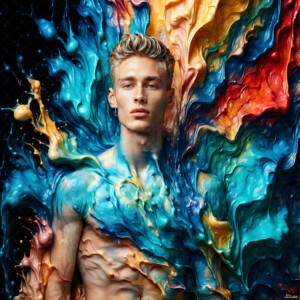 AI-generated abstract art of handsome men controlling swirling vortexes of colorful fluid and water in motion. Dynamic, surreal, vivid digital male art by Jeff Dupler.