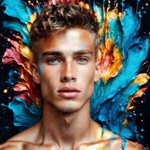 AI-generated abstract art of handsome men controlling swirling vortexes of colorful fluid and water in motion. Dynamic, surreal, vivid digital male art by Jeff Dupler.