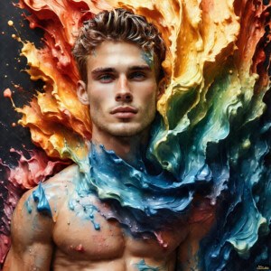 AI-generated abstract art of handsome men controlling swirling vortexes of colorful fluid and water in motion. Dynamic, surreal, vivid digital male art by Jeff Dupler.