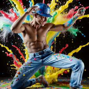 AI-generated abstract art of hot handsome men covered in colorful body paint explosions — joy, excitement, and rainbow splatter. Vibrant digital male art by Jeff Dupler.