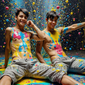 AI-generated abstract art of hot handsome men covered in colorful body paint explosions — joy, excitement, and rainbow splatter. Vibrant digital male art by Jeff Dupler.