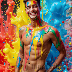 AI-generated abstract art of hot handsome men covered in colorful body paint explosions — joy, excitement, and rainbow splatter. Vibrant digital male art by Jeff Dupler.
