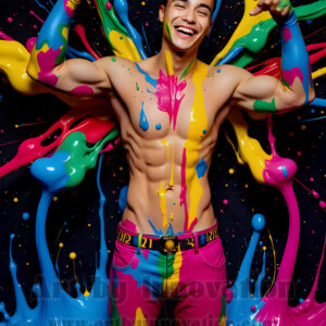 AI-generated abstract art of hot handsome men covered in colorful body paint explosions — joy, excitement, and rainbow splatter. Vibrant digital male art by Jeff Dupler.