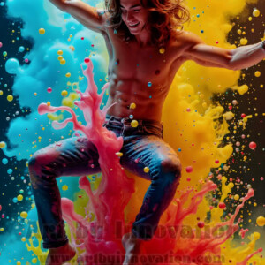 AI-generated abstract art of hot handsome men covered in colorful body paint explosions — joy, excitement, and rainbow splatter. Vibrant digital male art by Jeff Dupler.