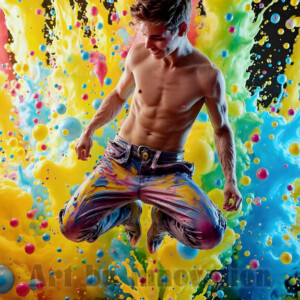 AI-generated abstract art of hot handsome men covered in colorful body paint explosions — joy, excitement, and rainbow splatter. Vibrant digital male art by Jeff Dupler.