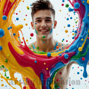 AI-generated abstract art of hot handsome men covered in colorful body paint explosions — joy, excitement, and rainbow splatter. Vibrant digital male art by Jeff Dupler.