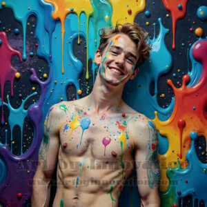 AI-generated abstract art of hot handsome men covered in colorful body paint explosions — joy, excitement, and rainbow splatter. Vibrant digital male art by Jeff Dupler.