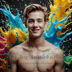 AI-generated abstract art of hot handsome men covered in colorful body paint explosions — joy, excitement, and rainbow splatter. Vibrant digital male art by Jeff Dupler.