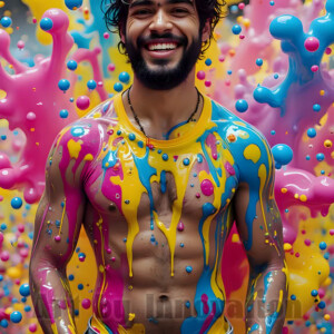 AI-generated abstract art of hot handsome men covered in colorful body paint explosions — joy, excitement, and rainbow splatter. Vibrant digital male art by Jeff Dupler.