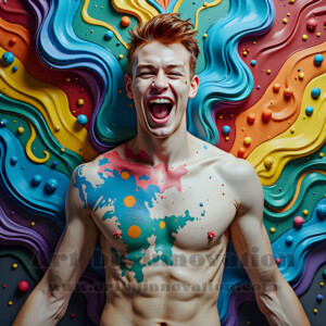 AI-generated abstract art of hot handsome men covered in colorful body paint explosions — joy, excitement, and rainbow splatter. Vibrant digital male art by Jeff Dupler.