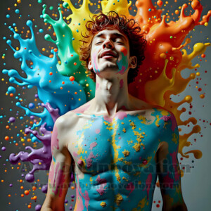 AI-generated abstract art of hot handsome men covered in colorful body paint explosions — joy, excitement, and rainbow splatter. Vibrant digital male art by Jeff Dupler.