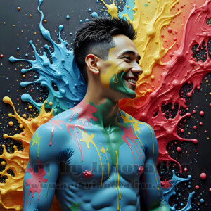 AI-generated abstract art of hot handsome men covered in colorful body paint explosions — joy, excitement, and rainbow splatter. Vibrant digital male art by Jeff Dupler.