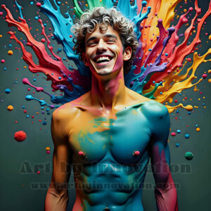 AI-generated abstract art of hot handsome men covered in colorful body paint explosions — joy, excitement, and rainbow splatter. Vibrant digital male art by Jeff Dupler.
