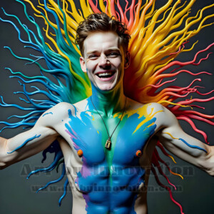 AI-generated abstract art of hot handsome men covered in colorful body paint explosions — joy, excitement, and rainbow splatter. Vibrant digital male art by Jeff Dupler.