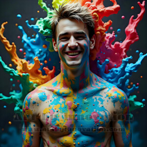 AI-generated abstract art of hot handsome men covered in colorful body paint explosions — joy, excitement, and rainbow splatter. Vibrant digital male art by Jeff Dupler.
