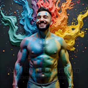 AI-generated abstract art of hot handsome men covered in colorful body paint explosions — joy, excitement, and rainbow splatter. Vibrant digital male art by Jeff Dupler.