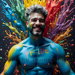 AI-generated abstract art of hot handsome men covered in colorful body paint explosions — joy, excitement, and rainbow splatter. Vibrant digital male art by Jeff Dupler.