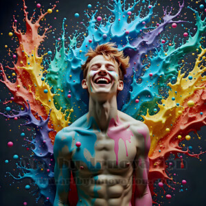 AI-generated abstract art of hot handsome men covered in colorful body paint explosions — joy, excitement, and rainbow splatter. Vibrant digital male art by Jeff Dupler.