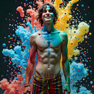 AI-generated abstract art of hot handsome men covered in colorful body paint explosions — joy, excitement, and rainbow splatter. Vibrant digital male art by Jeff Dupler.