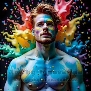 AI-generated abstract art of hot handsome men covered in colorful body paint explosions — joy, excitement, and rainbow splatter. Vibrant digital male art by Jeff Dupler.