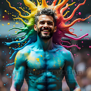 AI-generated abstract art of hot handsome men covered in colorful body paint explosions — joy, excitement, and rainbow splatter. Vibrant digital male art by Jeff Dupler.