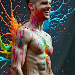 AI-generated abstract art of hot handsome men covered in colorful body paint explosions — joy, excitement, and rainbow splatter. Vibrant digital male art by Jeff Dupler.