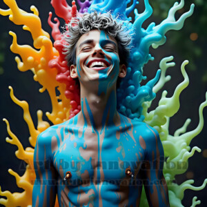 AI-generated abstract art of hot handsome men covered in colorful body paint explosions — joy, excitement, and rainbow splatter. Vibrant digital male art by Jeff Dupler.