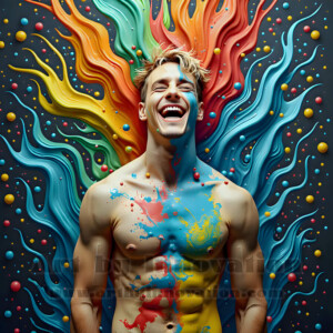 AI-generated abstract art of hot handsome men covered in colorful body paint explosions — joy, excitement, and rainbow splatter. Vibrant digital male art by Jeff Dupler.