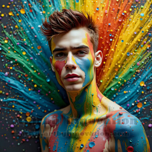 AI-generated abstract art of hot handsome men covered in colorful body paint explosions — joy, excitement, and rainbow splatter. Vibrant digital male art by Jeff Dupler.