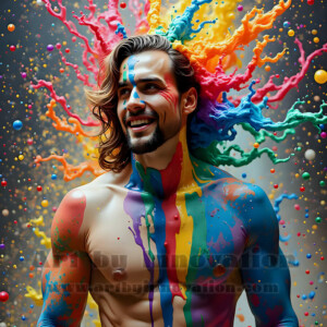 AI-generated abstract art of hot handsome men covered in colorful body paint explosions — joy, excitement, and rainbow splatter. Vibrant digital male art by Jeff Dupler.