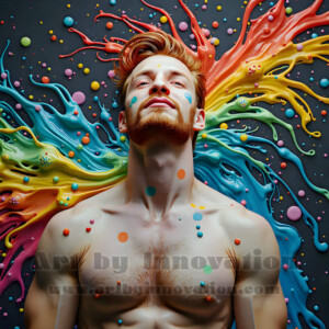 AI-generated abstract art of hot handsome men covered in colorful body paint explosions — joy, excitement, and rainbow splatter. Vibrant digital male art by Jeff Dupler.