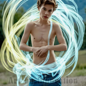 AI-generated abstract art of handsome shirtless men dancing with colorful dynamic light rays wrapping around their bodies. Cosmic, surreal, vivid digital art by Jeff Dupler.