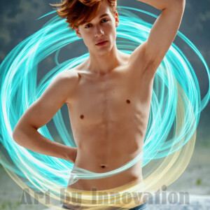 AI-generated abstract art of handsome shirtless men dancing with colorful dynamic light rays wrapping around their bodies. Cosmic, surreal, vivid digital art by Jeff Dupler.