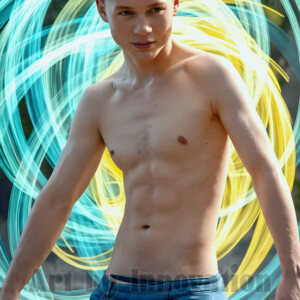 AI-generated abstract art of handsome shirtless men dancing with colorful dynamic light rays wrapping around their bodies. Cosmic, surreal, vivid digital art by Jeff Dupler.