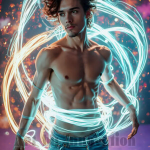 AI-generated abstract art of handsome shirtless men dancing with colorful dynamic light rays wrapping around their bodies. Cosmic, surreal, vivid digital art by Jeff Dupler.