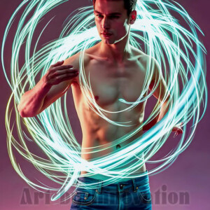 AI-generated abstract art of handsome shirtless men dancing with colorful dynamic light rays wrapping around their bodies. Cosmic, surreal, vivid digital art by Jeff Dupler.