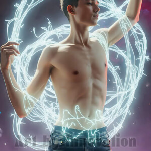 AI-generated abstract art of handsome shirtless men dancing with colorful dynamic light rays wrapping around their bodies. Cosmic, surreal, vivid digital art by Jeff Dupler.