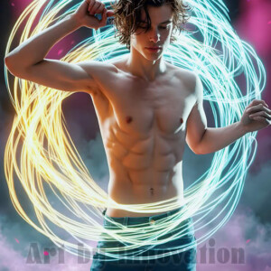 AI-generated abstract art of handsome shirtless men dancing with colorful dynamic light rays wrapping around their bodies. Cosmic, surreal, vivid digital art by Jeff Dupler.