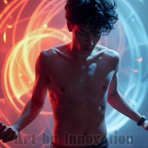 AI-generated abstract art of handsome shirtless men dancing with colorful dynamic light rays wrapping around their bodies. Cosmic, surreal, vivid digital art by Jeff Dupler.