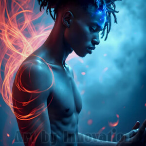 AI-generated abstract art of handsome shirtless men dancing with colorful dynamic light rays wrapping around their bodies. Cosmic, surreal, vivid digital art by Jeff Dupler.