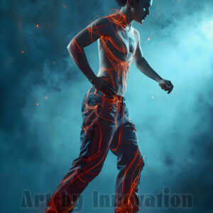 AI-generated abstract art of handsome shirtless men dancing with colorful dynamic light rays wrapping around their bodies. Cosmic, surreal, vivid digital art by Jeff Dupler.