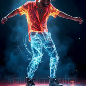 AI-generated abstract art of handsome shirtless men dancing with colorful dynamic light rays wrapping around their bodies. Cosmic, surreal, vivid digital art by Jeff Dupler.
