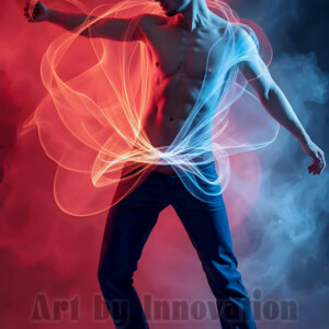 AI-generated abstract art of handsome shirtless men dancing with colorful dynamic light rays wrapping around their bodies. Cosmic, surreal, vivid digital art by Jeff Dupler.