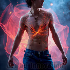 AI-generated abstract art of handsome shirtless men dancing with colorful dynamic light rays wrapping around their bodies. Cosmic, surreal, vivid digital art by Jeff Dupler.