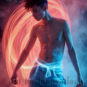 AI-generated abstract art of handsome shirtless men dancing with colorful dynamic light rays wrapping around their bodies. Cosmic, surreal, vivid digital art by Jeff Dupler.