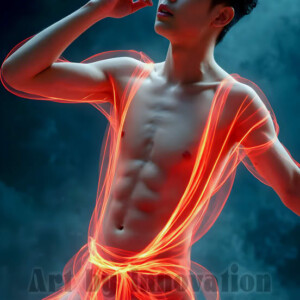 AI-generated abstract art of handsome shirtless men dancing with colorful dynamic light rays wrapping around their bodies. Cosmic, surreal, vivid digital art by Jeff Dupler.