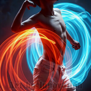 AI-generated abstract art of handsome shirtless men dancing with colorful dynamic light rays wrapping around their bodies. Cosmic, surreal, vivid digital art by Jeff Dupler.